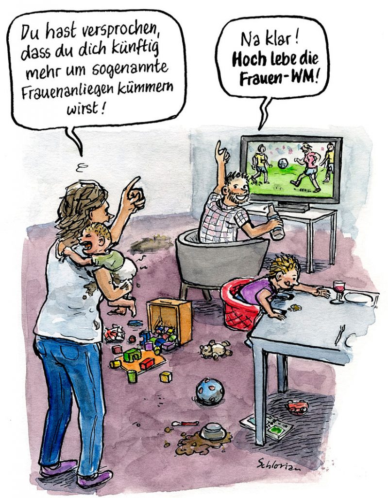 Cartoon: Er kümmert sich auf Frauenanliegen, nämlich die Frauen-WM.