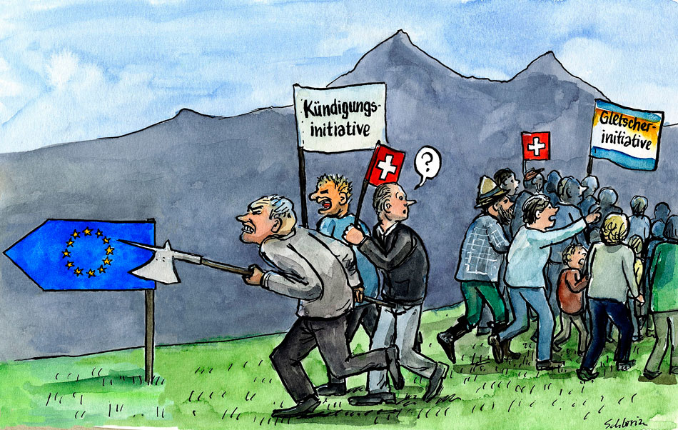 Cartoon Kündigungsinitiative vs. Gletscherinitiative