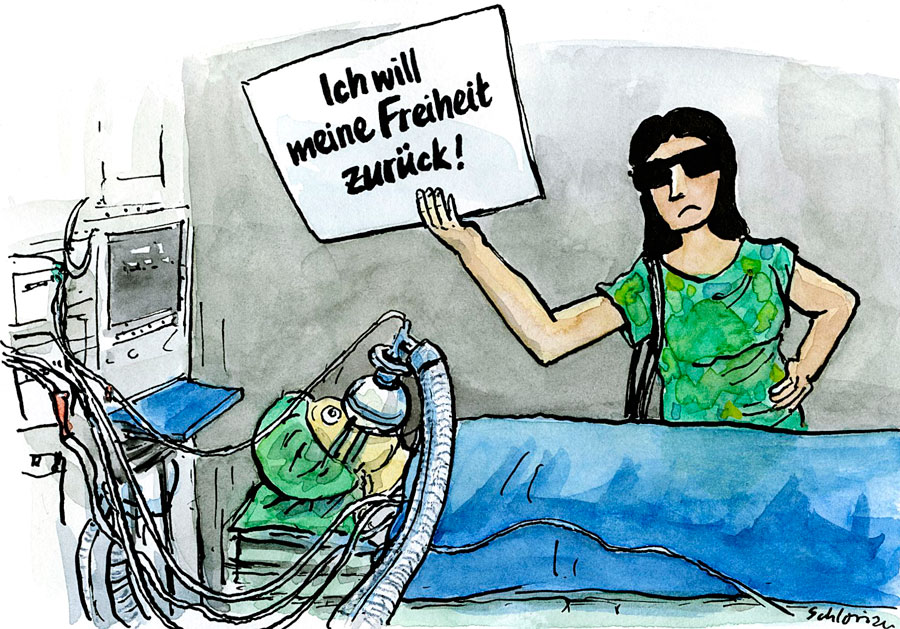 Cartoon: Coronaprotest am Krankenbett