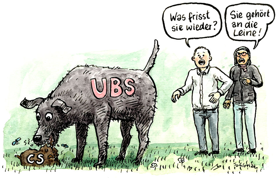 Cartoon UBS-Hund frisst Credit-Suisse