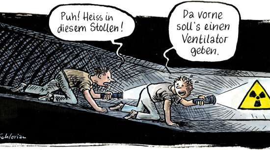 Heiss in diesem Stollen! – Da vorne soll's einen Ventilator geben.
