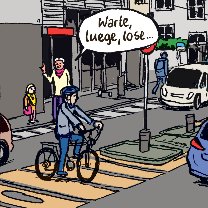 Kind will Strasse überqueren.