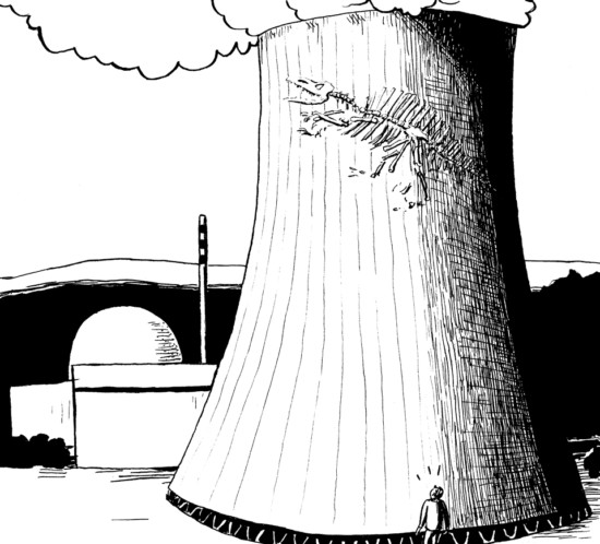 Dinoskelett auf Kühlturm