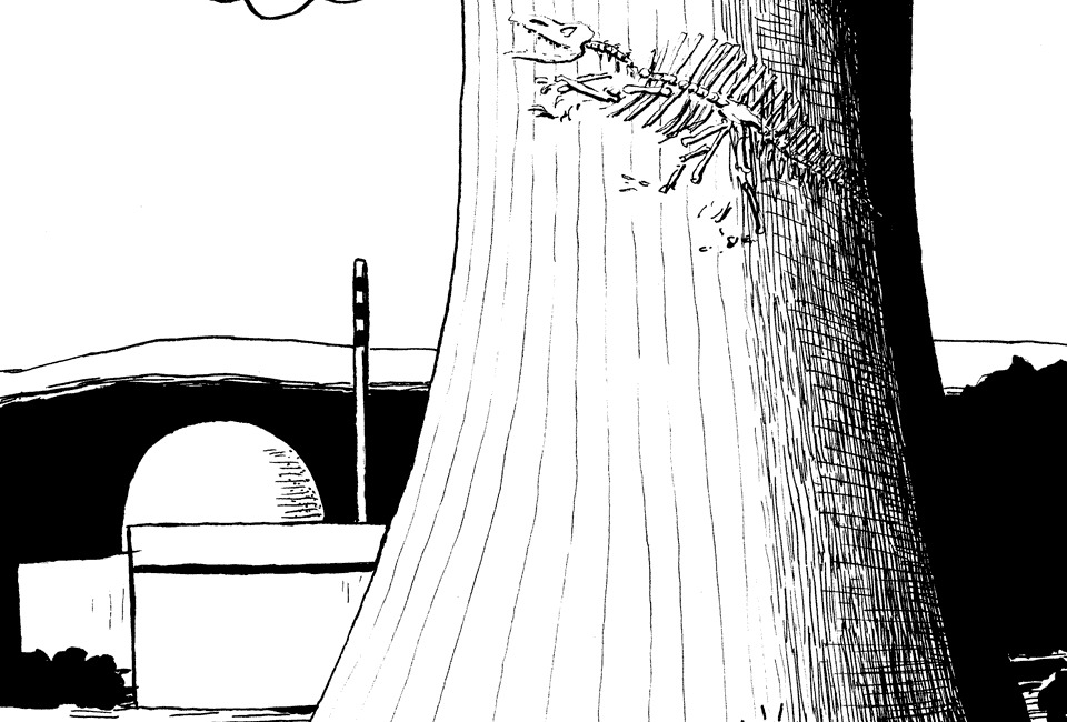 Dinoskelett auf Kühlturm