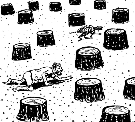 Verdurstender inmitten von Baumstrünken.