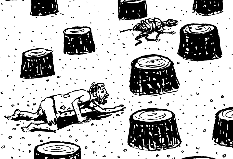 Verdurstender inmitten von Baumstrünken.