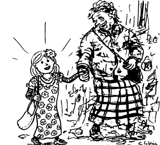 Zerlumpte Mama mit herausgeputzter Tochter.