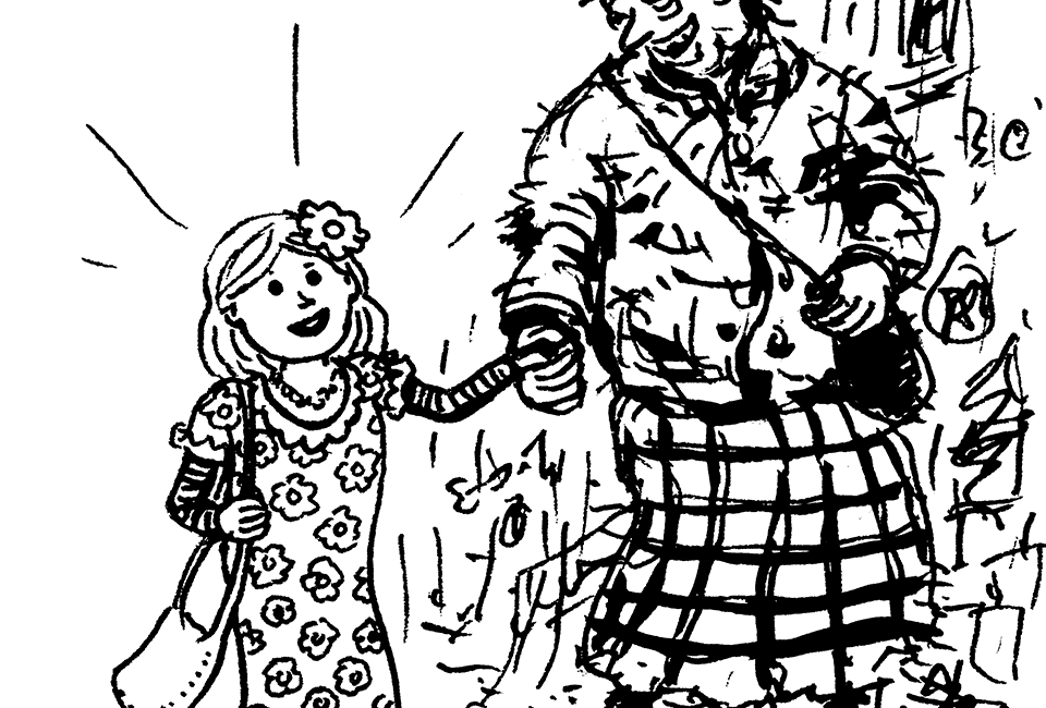 Zerlumpte Mama mit herausgeputzter Tochter.