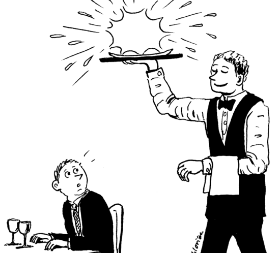 Der Kellner serviert eine exoplodierende Speise.