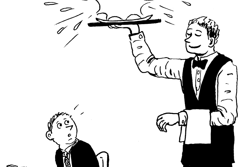 Der Kellner serviert eine exoplodierende Speise.