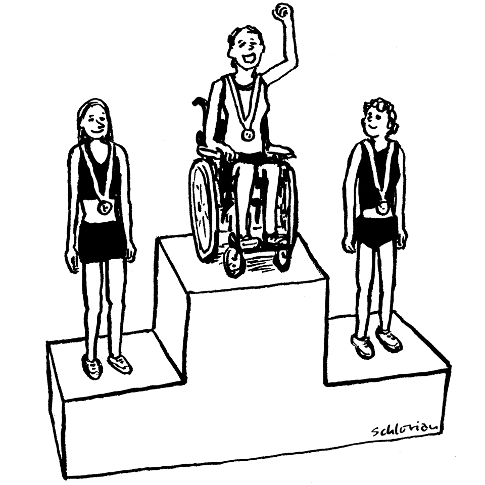 Der erste Platz … geht an die Dame im Rollstuhl.